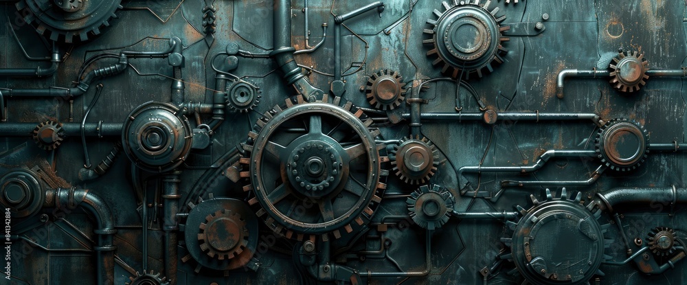An Industrial-Themed Background With Metallic Textures, Gears, And Pipes Intertwined In A Complex Pattern An Industrial-Themed Background With Metallic Textures, Gears, And Pipes Intertwined In A Complex Pattern