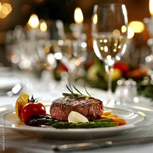 Fototapeta Naklejka Na Ścianę i Meble -  Waiter showcasing culinary mastery at festive reception serving gourmet meat dishes