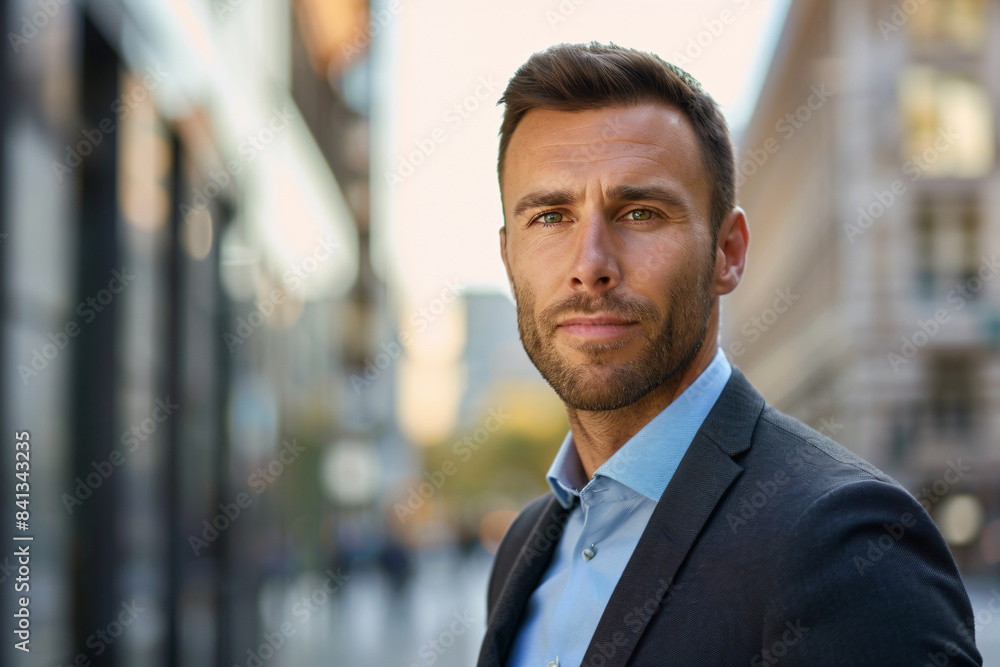 Fototapeta premium a man in a suit and tie standing in front of a building