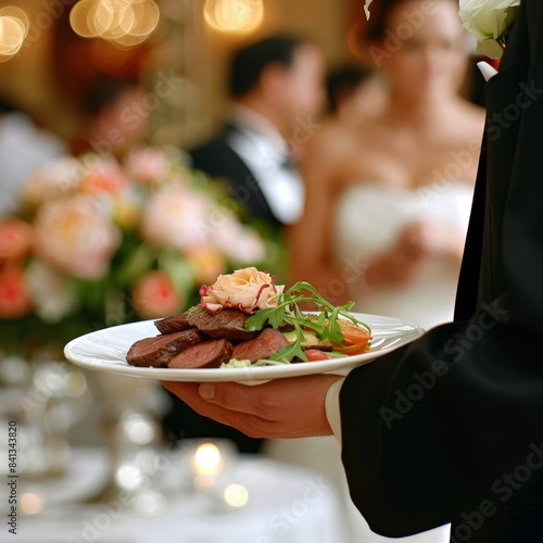 Fototapeta Naklejka Na Ścianę i Meble -  Exemplary waiter elevating festive occasion with gourmet meat service at high end restaurant event