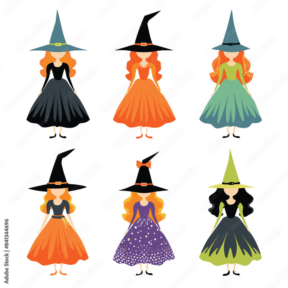 Six colorful witches, different dresses hats, Halloween characters. Female witch illustrations, various poses costumes, fantasy themed. Cartoon witch set, festive attire, isolated white background Six colorful witches, different dresses hats, Halloween characters. Female witch illustrations, various poses costumes, fantasy themed. Cartoon witch set, festive attire, isolated white background