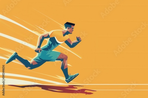 Athlete running at high speed, yellow background, motion blur effect.