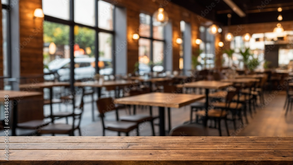 Empty wooden table mockup with blurred interior of restaurant Empty wooden table mockup with blurred interior of restaurant