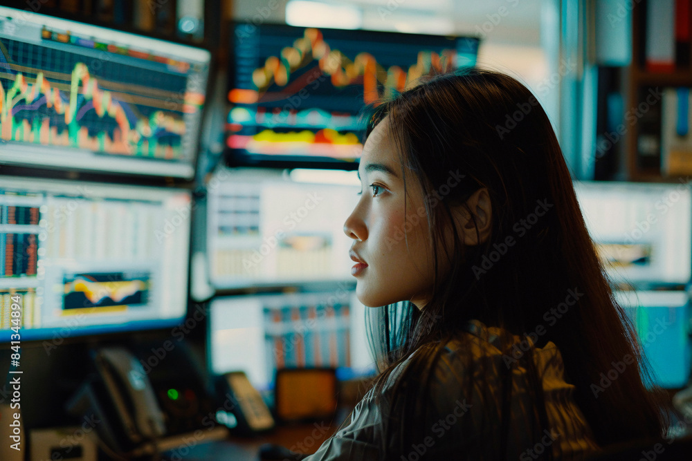 An analyst is intently examining multiple financial data screens, representing analysis, investing, or trading activities An analyst is intently examining multiple financial data screens, representing analysis, investing, or trading activities