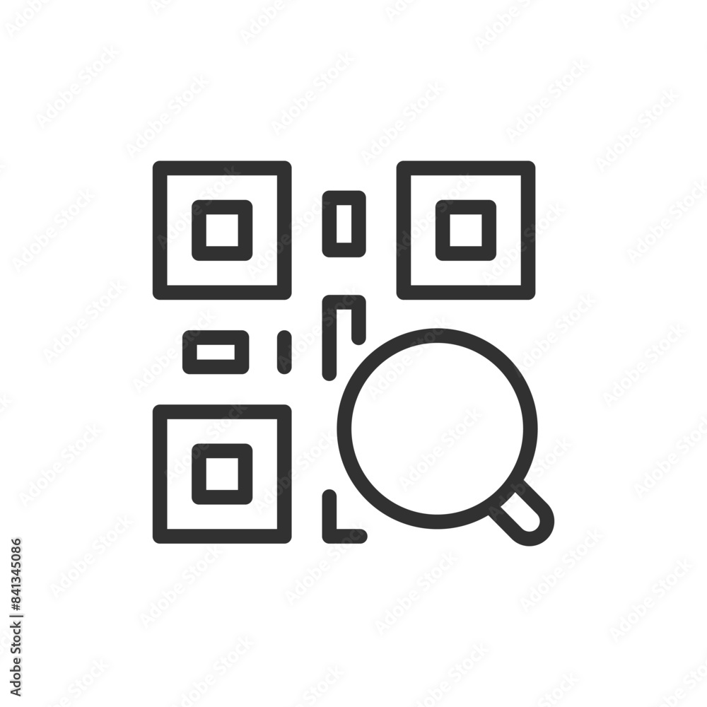 Analyzing and decoding QR code, linear icon. QR code and magnifying glass. Line with editable stroke Analyzing and decoding QR code, linear icon. QR code and magnifying glass. Line with editable stroke