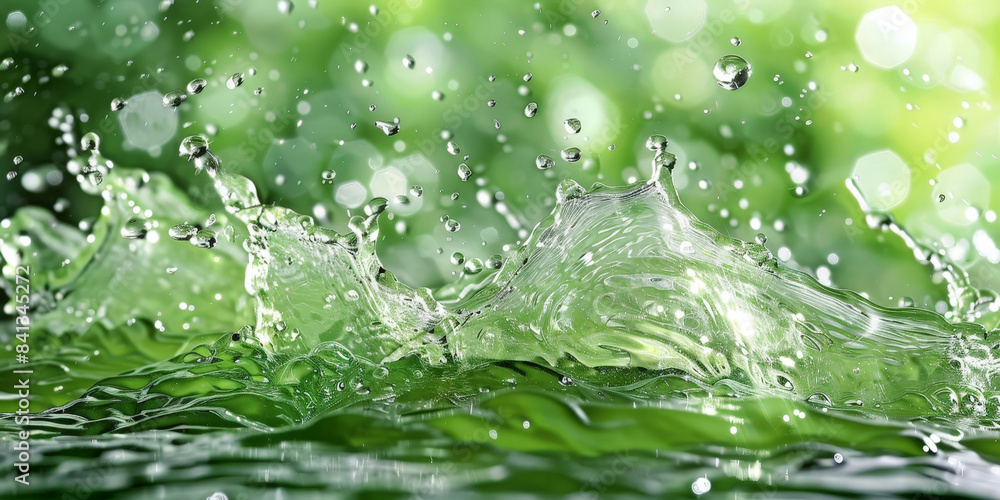 Refreshing water splash with droplets in mid-air against a vibrant green background, capturing the essence of nature and purity in a dynamic and energetic scene.. Refreshing water splash with droplets in mid-air against a vibrant green background, capturing the essence of nature and purity in a dynamic and energetic scene..