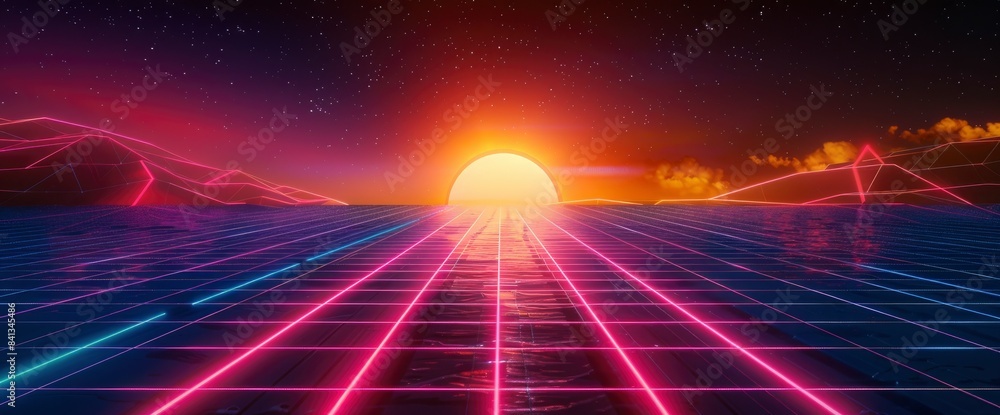 A Retro 80S-Themed Digital Background With Gridlines, Neon Colors, And A Glowing Sun On The Horizon A Retro 80S-Themed Digital Background With Gridlines, Neon Colors, And A Glowing Sun On The Horizon