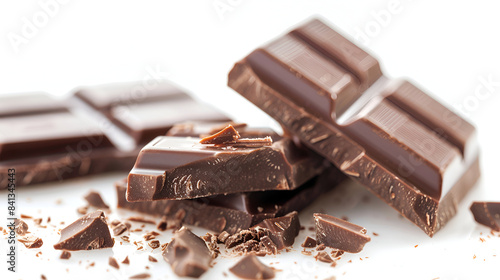 Chopped and chunks chocolate on a white background, Broken chocolate bar on a white background, Delicious milk chocolate pieces on white background 