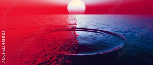 Sunset ocean using vibrant red blue colors split down middle to emphasize concept life death, resurrection afterlife reincarnation