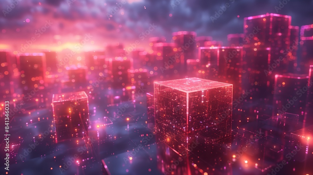 Fototapeta premium A digital illustration of a futuristic cityscape with glowing, transparent cubes floating in the air. The cityscape is lit in a vibrant, pink and orange hue, creating a surreal and ethereal atmosphere
