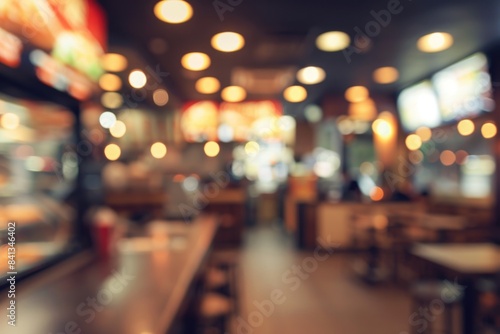 Fast Food Restaurant Background. Defocused Image of Busy Eatery with Client and People