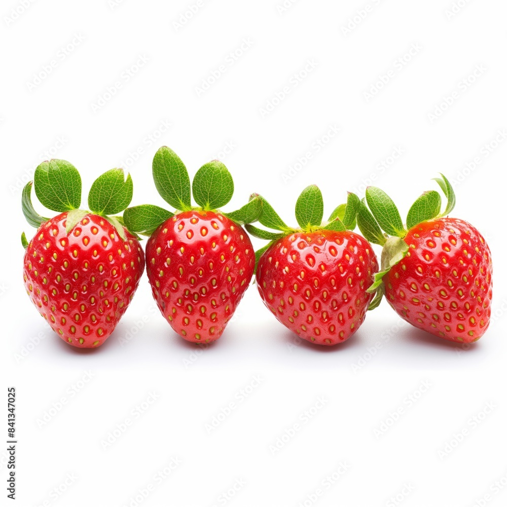 Ripe strawberries in a line with green leaves isolated on white background. Ripe strawberries in a line with green leaves isolated on white background.