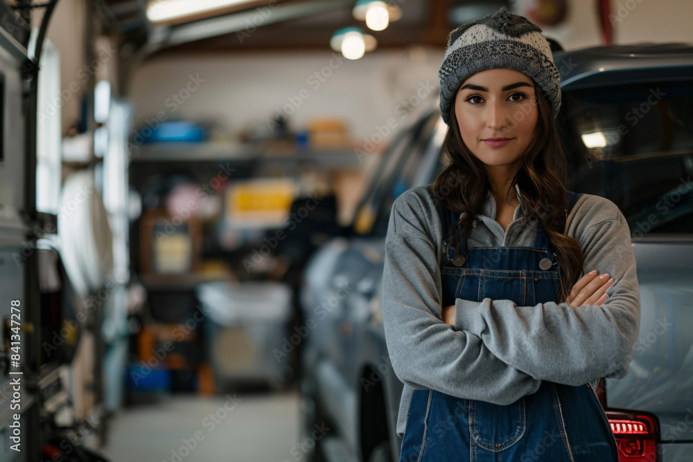 a woman standing in a garage with her arms crossed a woman standing in a garage with her arms crossed
