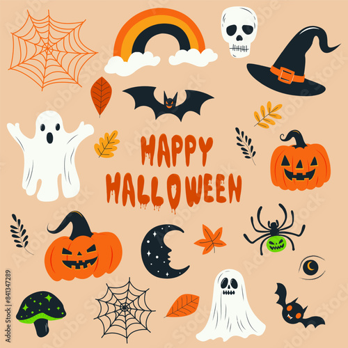 Happy Halloween set. Magic collection clip art Hand Drawing style. Bohemian mystical creative contemporary aesthetic Doodle elements. Boho abstract Flat Vector illustration