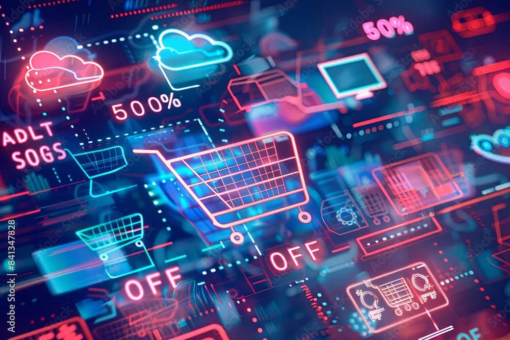 A digital abstract background depicting an online sale, with shopping carts, icons, and 50% OFF text in a futuristic tech style. Generative AI A digital abstract background depicting an online sale, with shopping carts, icons, and 50% OFF text in a futuristic tech style. Generative AI
