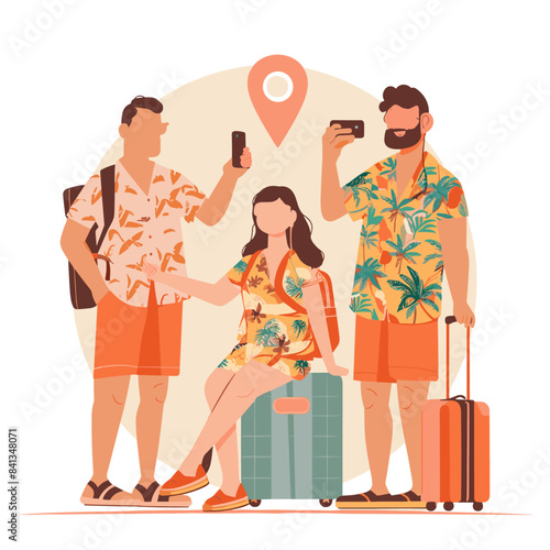 A flat illustration shows two men and a woman with luggage taking selfies