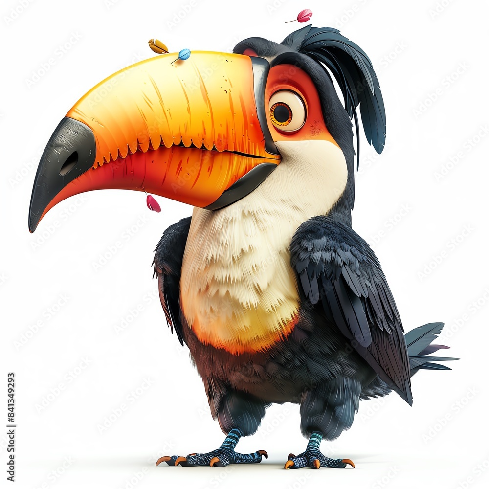 Obraz premium A cartoon toucan with bright colors and a big beak. The toucan is standing on a branch in the jungle, looking at the viewer with a curious expression.