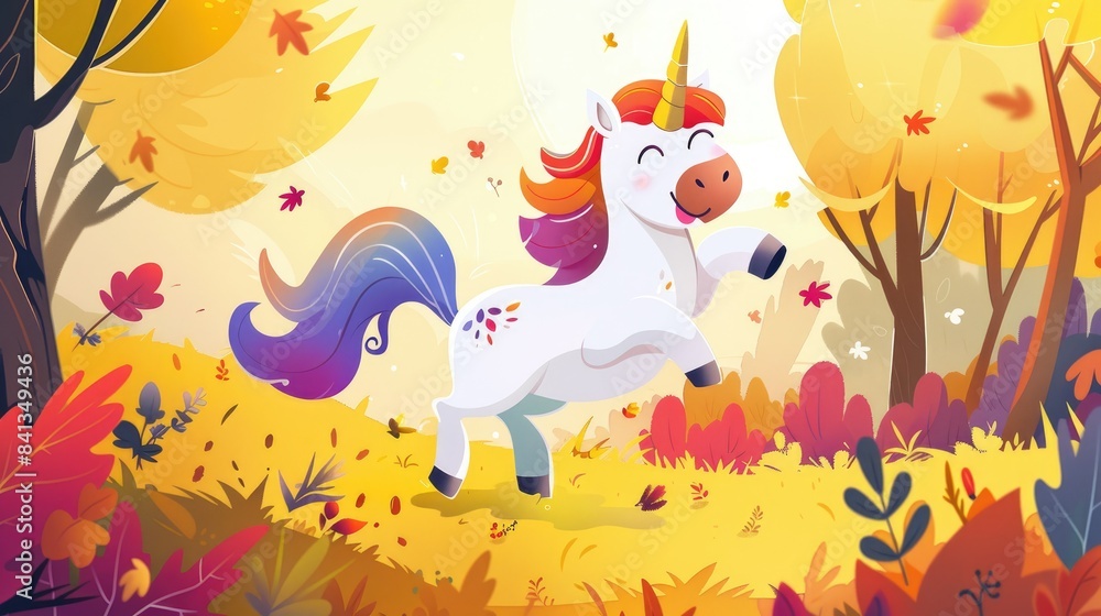 Obraz premium Exciting cartoon illustration featuring a playful unicorn
