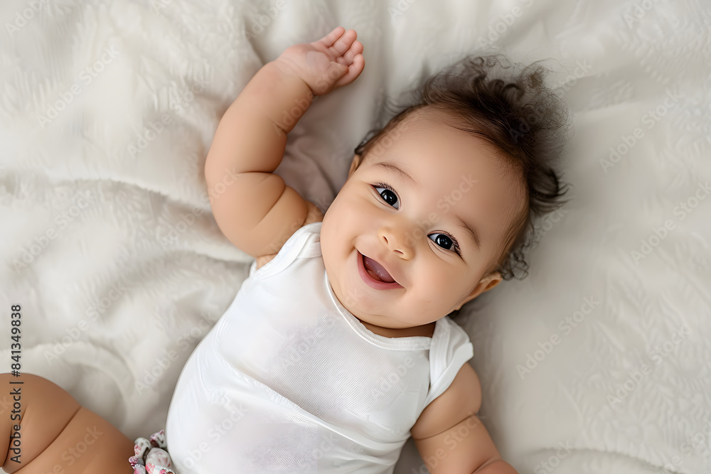 Portrait of Cute newborn Baby lying on her back and smiling at camera top view Portrait of Cute newborn Baby lying on her back and smiling at camera top view