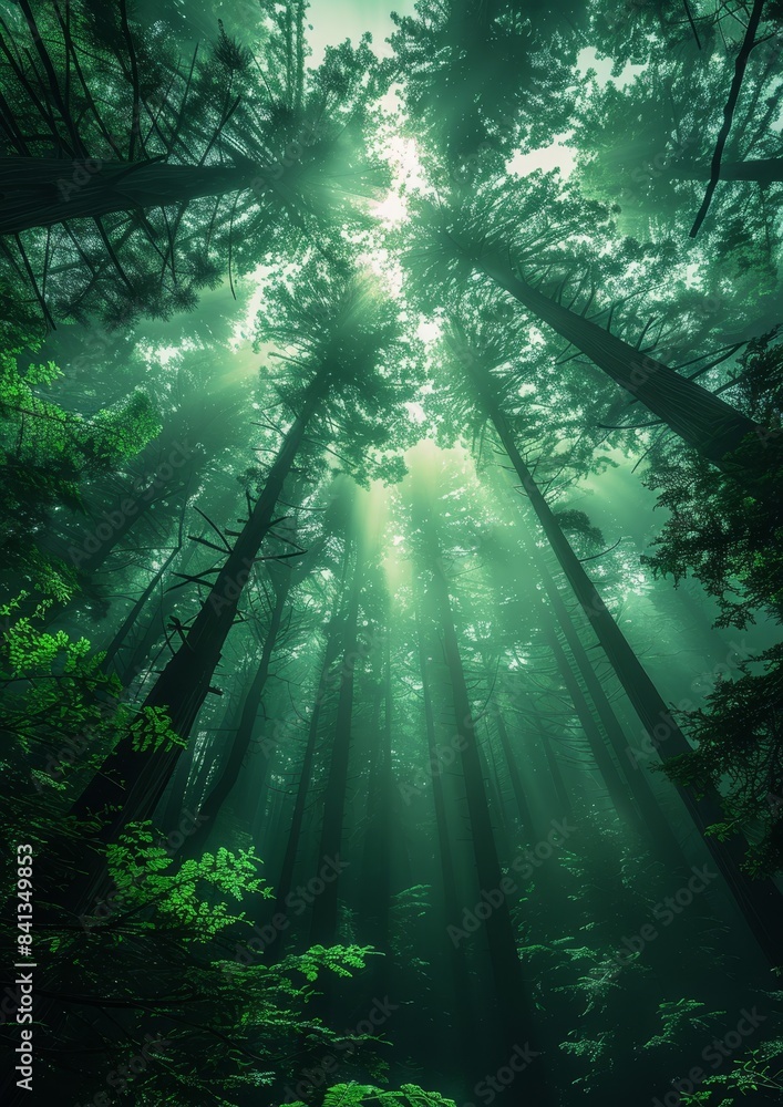 Naklejka premium Majestic redwoods in a misty forest, depicting grandeur and strength.