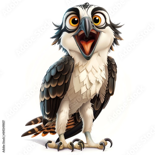 A cute and friendly cartoon osprey, with big eyes and a friendly smile