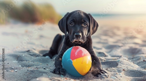 Fototapeta Naklejka Na Ścianę i Meble -  A black Labrador puppy lays on the sand at the beach, looking intently at a colorful beach ball in front of it.