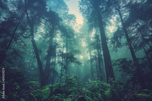 Majestic redwoods in a misty forest, depicting grandeur and strength.  © Nico