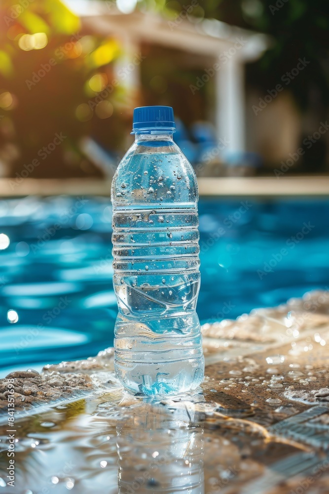 Refreshing water bottle by poolside  ideal resort ad banner with nature background