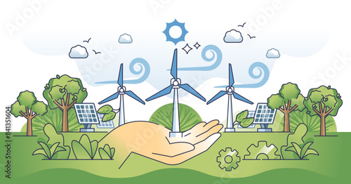Renewable energy with solar panels and wind turbines outline hands concept, transparent background. Sustainable, environmental and nature friendly solution.