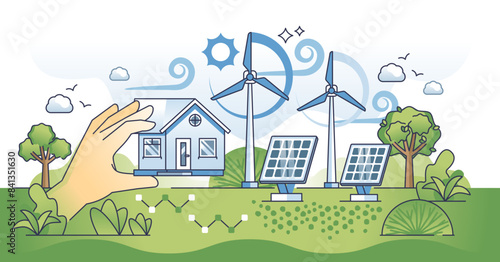 Eco friendly investments for sustainable house outline hands concept, transparent background. Environmental electricity and power from ecological sources illustration.