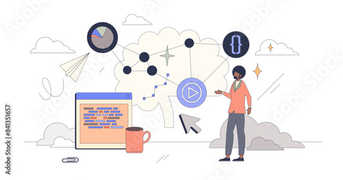 Digital learning tools and programming tiny person neubrutalism concept, transparent background.Education software development with smart online methods illustration.