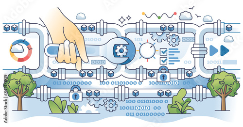 Data pipeline tools for information flow automation outline hands concept, transparent background. Technology for effective info structuring, analytics and analysis illustration.