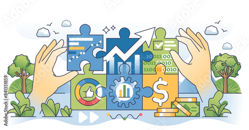 Big data in finance with economical money information outline hands concept, transparent background. Gathering market trends for investment forecasting and financial software automation illustration.