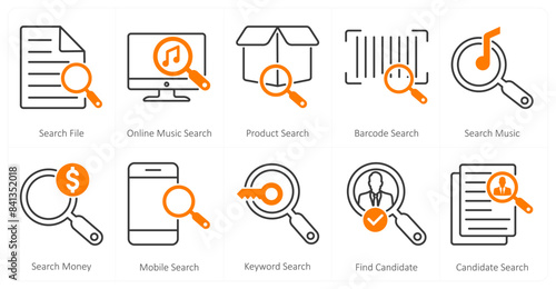 A set of 10 mix icons as search file, online music search, product search