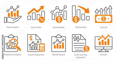 A set of 10 mix icons as data analytics, gross profit, stock market
