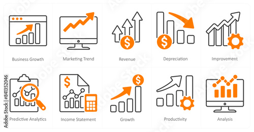 A set of 10 mix icons as business growth, marketing trend, revenue