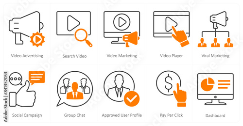 A set of 10 mix icons as video advertising, search video, video marketing