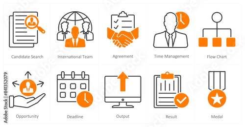 A set of 10 mix icons as candidate search, international team, agreement