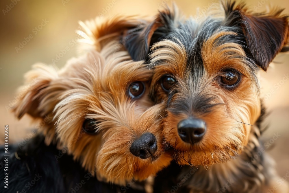 Warm, high-detail photo of two yorkshire terriers cuddling, showcasing their affection and expressive eyes Warm, high-detail photo of two yorkshire terriers cuddling, showcasing their affection and expressive eyes