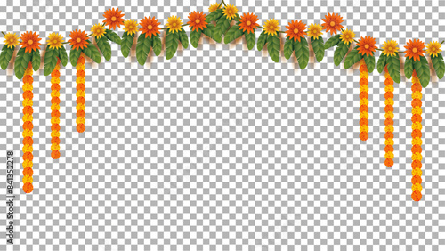 Vector illustration of Traditional Indian floral garland with marigold flowers and mango leaves , decorating home on Hindu festival and holidays