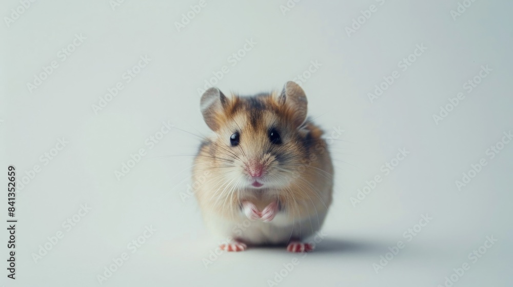 A small, brown and white hamster sits on a white background, looking directly at the camera. The hamster has its paws together in front of it and is facing the camera with a curious expression. A small, brown and white hamster sits on a white background, looking directly at the camera. The hamster has its paws together in front of it and is facing the camera with a curious expression.
