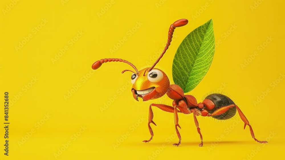 Naklejka premium A playful 3D cartoon ant character, strong and smiling, carrying a leaf, suitable as a logo for organic farming products. Set on a bright yellow background.