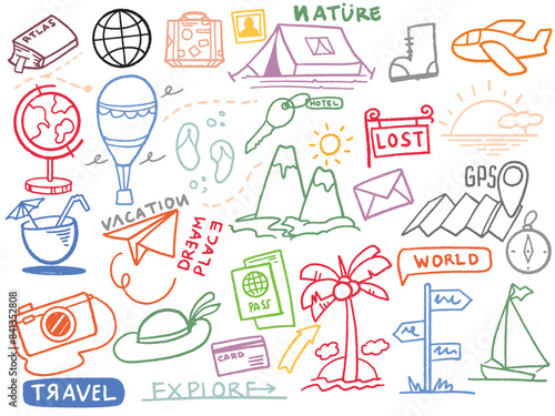 Hand drawn set of travel outline doodle Tourism and summer adventure icons in colorful style.