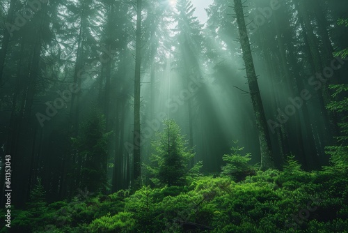 Majestic redwoods in a misty forest  depicting grandeur and strength. 