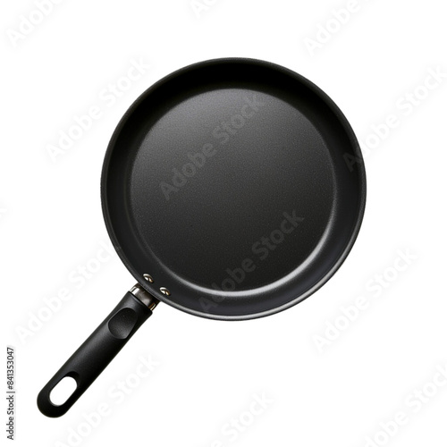Black frying pan with a non-stick teflon coating, isolated on white background