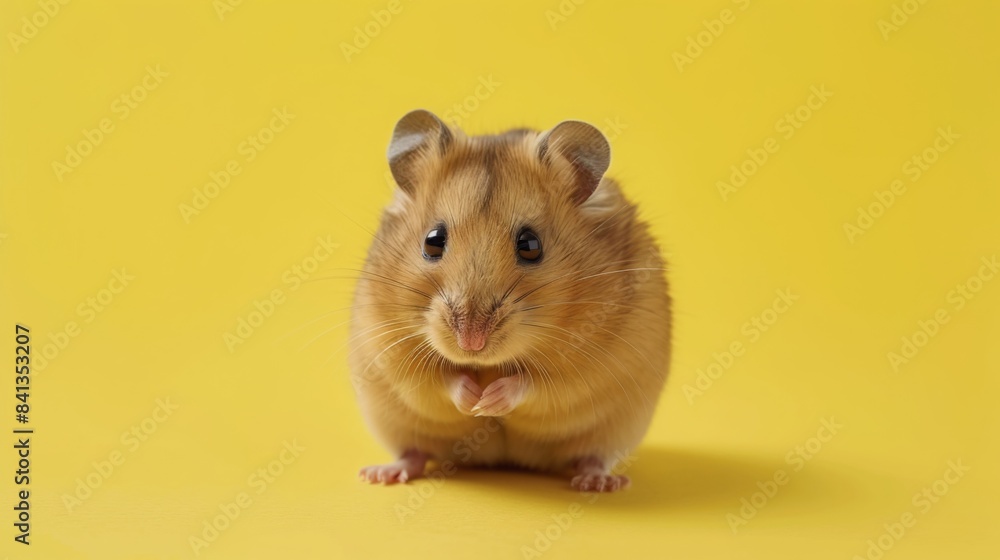 A small, brown hamster stands on a bright yellow background, looking directly at the camera. Its paws are together, as if it is ready to pounce. A small, brown hamster stands on a bright yellow background, looking directly at the camera. Its paws are together, as if it is ready to pounce.