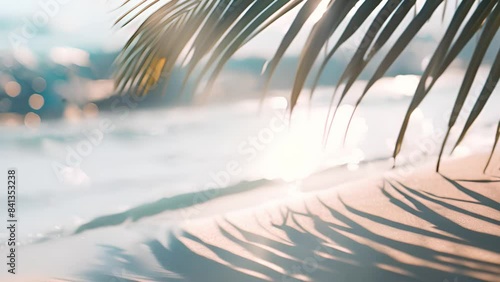 Tropical beach with coconut palm leaves casting shadows on the sand, with gentle waves and sun reflections in the background. Ai Footage.