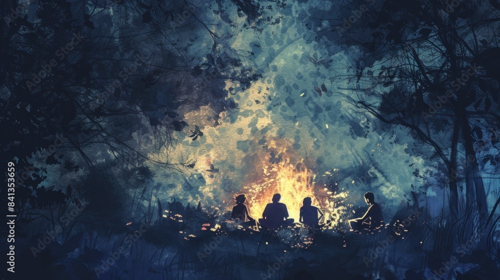 A painting of a group of people sitting around a fire in a forest ...