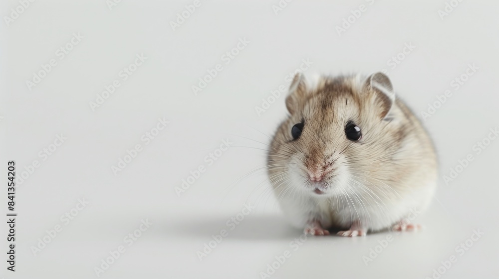 A close up photograph of a small, brown and white hamster looking directly at the camera. The hamster is sitting on a white background. A close up photograph of a small, brown and white hamster looking directly at the camera. The hamster is sitting on a white background.