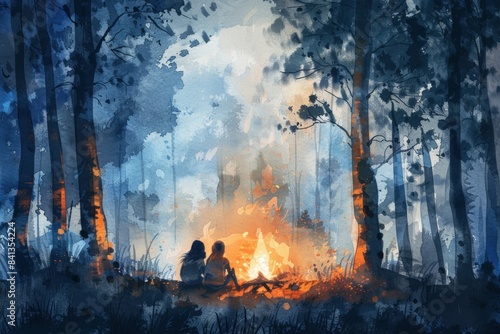 Two people sitting by a fire in a forest  watercolor illustrations   summer activitie  Camping in the woods.